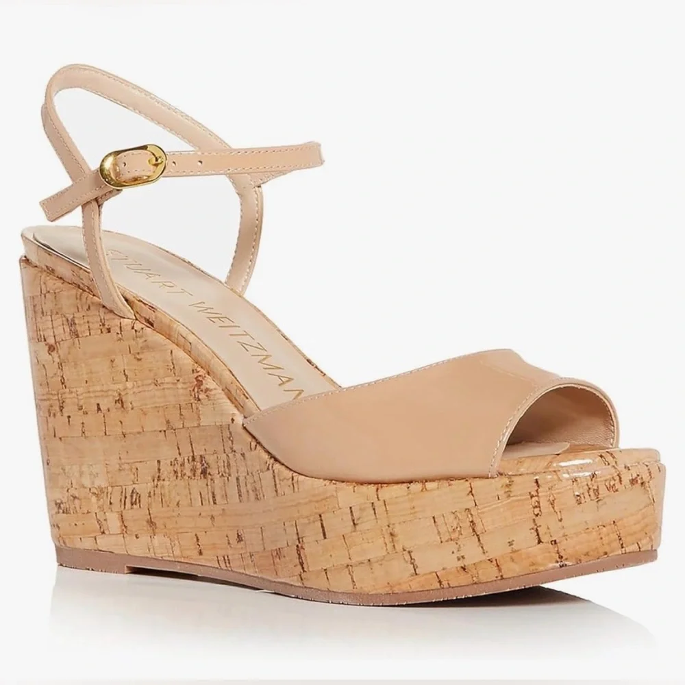Stuart Weitzman Palmina Nude Cork Wedge Sandals - Picture 2 of 6